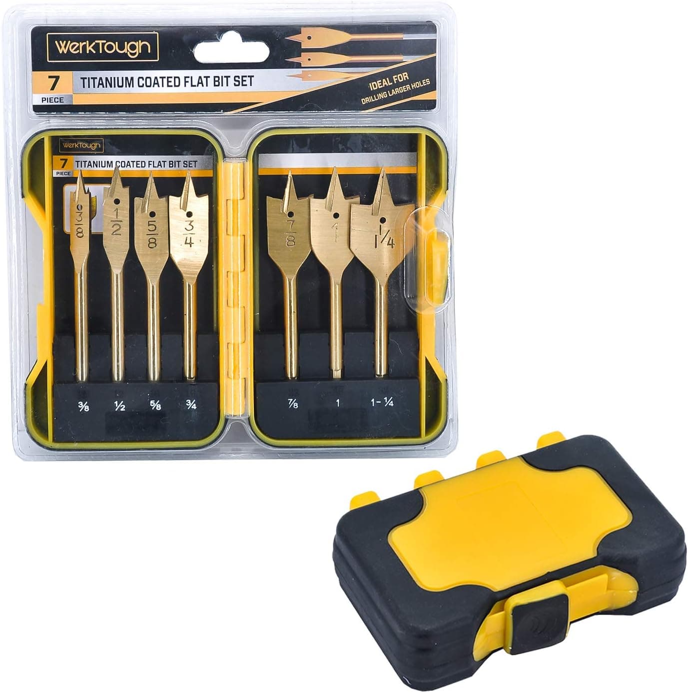 Werktough 7Pcs Wood Flat Drill Bit Set Spade Drill Bit Set Spade Wood Drill Titanium Plated in Hard Plastic Case