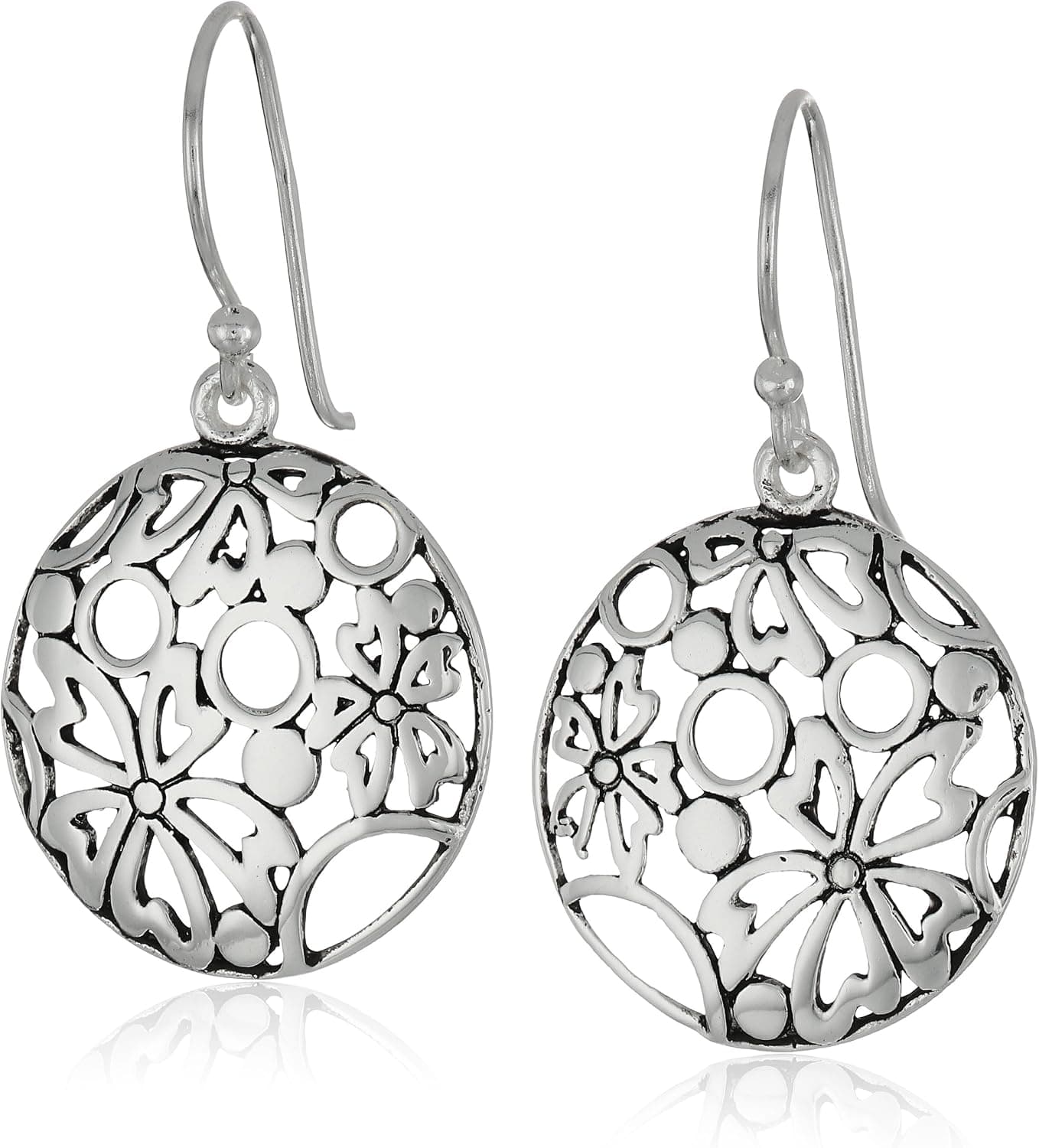 Amazon Collection Sterling Silver Flower Pattern Round Dangle Drop Earrings