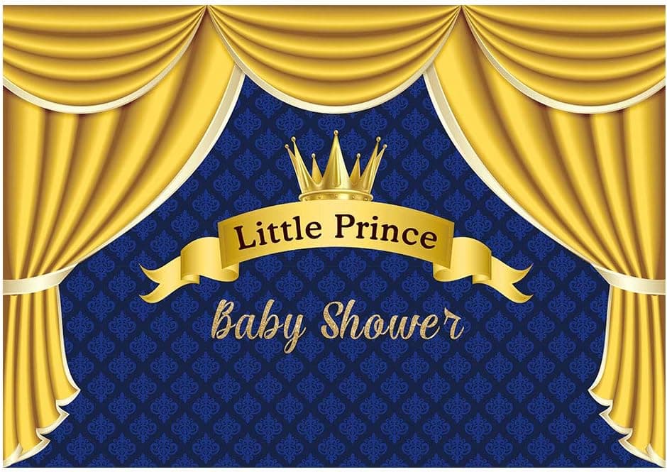 Funnytree Little Prince Party Backdrop for Boys Baby Shower Royal Blue Golden Crown Photography Background Cake Table Decorations Banner Photo Booth Supplies 7x5ft
