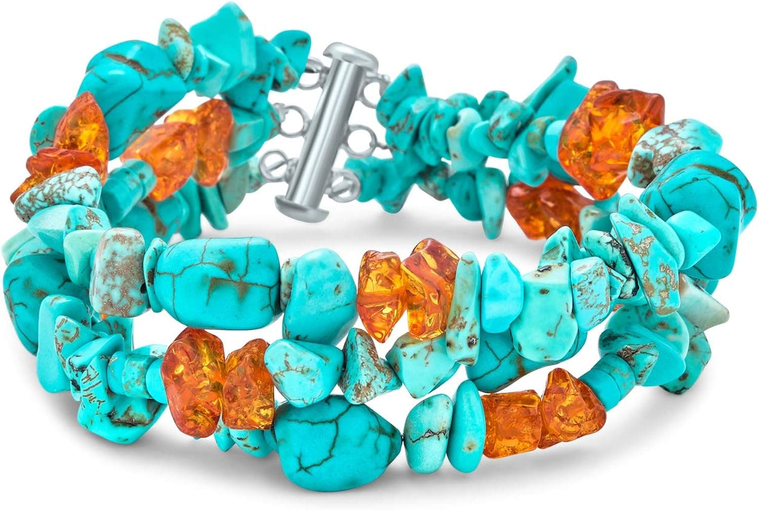 Statement Wide Chunky Gemstone Stabilized Blue Turquoise Golden Orange Amber Resin Chips Multi Strand Bracelet Western Jewelry For Women Teens .925 Sterling Silver Tube Clasp