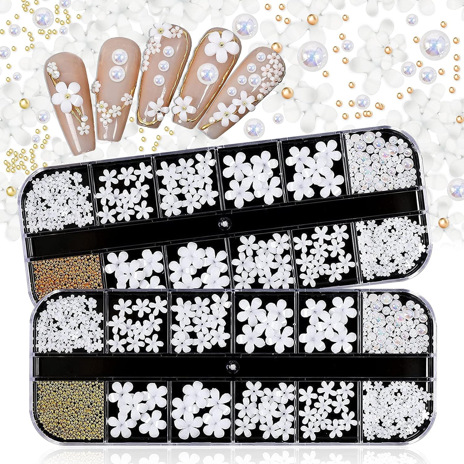 SILPECWEE 2 Boxes Nail Charms 3d Flowers For Nails Gold Nail Beads White Flower Nail Jewelry Nail Art Accessories With 1pc Tweezers, Picker Pencil