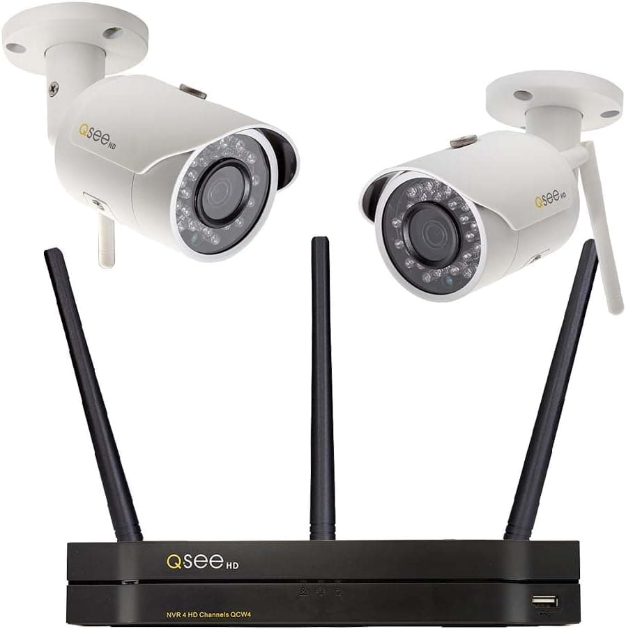 Q-See Surveillance System QCW4-2EP-1, 4-Channel Wi-Fi NVR with 1TB Hard Drive, 2-3MP/1080p Wi-Fi Bullet Security Cameras,White