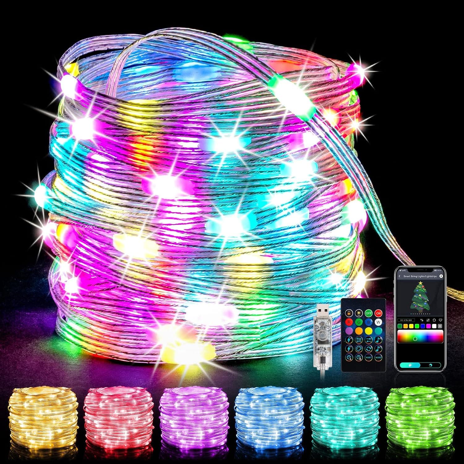 Led Fairy Lights Plug In: 33Ft Smart USB Fairy Lights with Remote, Bluetooth APP Control, DIY Color Changing Fairy Lights, Music Sync USB Christmas String Light, Rainbow Color Fairy Lights for Bedroom