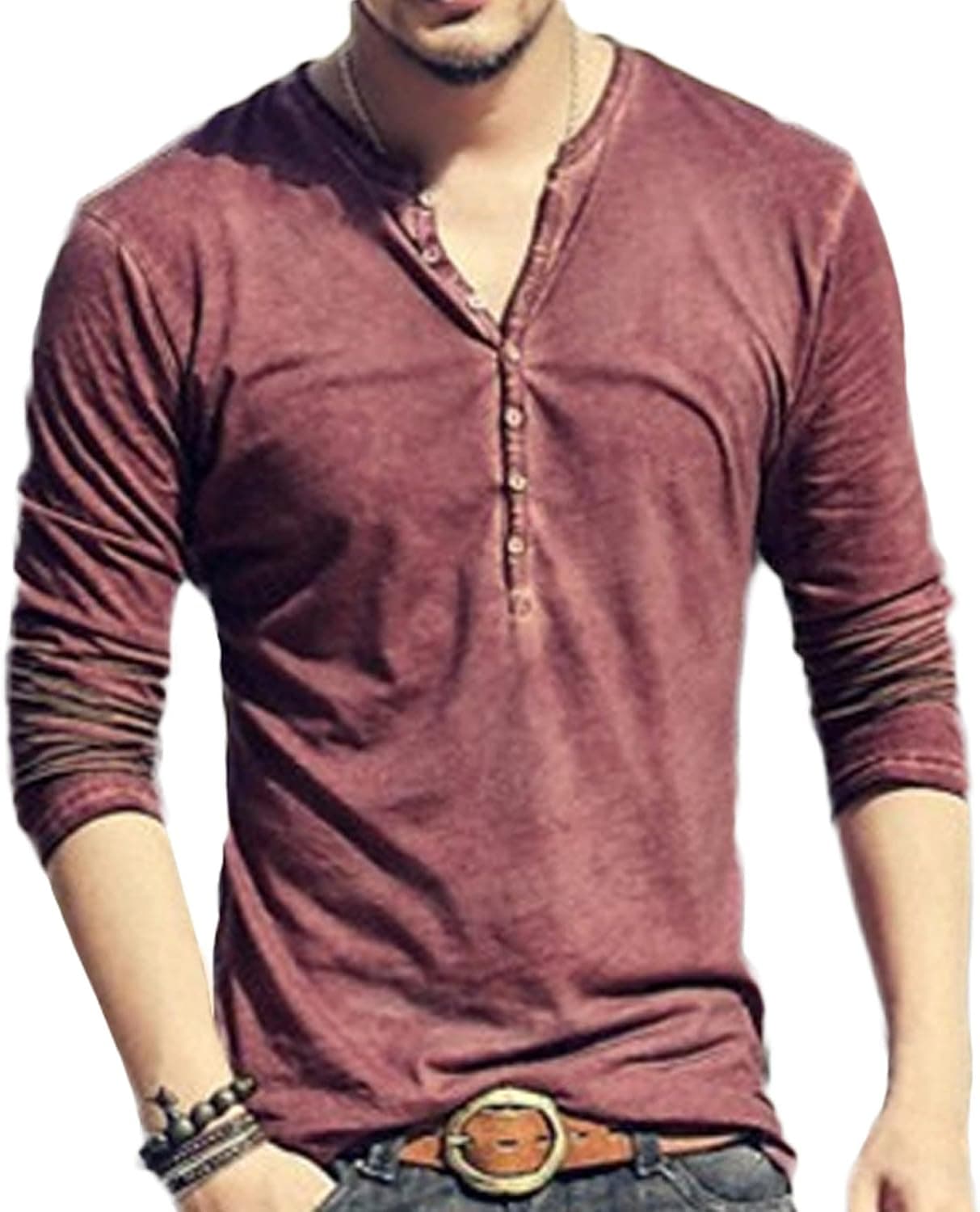 Men's Casual V-Neck Button Long Sleeve Henley T Shirts Lightweight Basic Shirts Tops Wine Red M