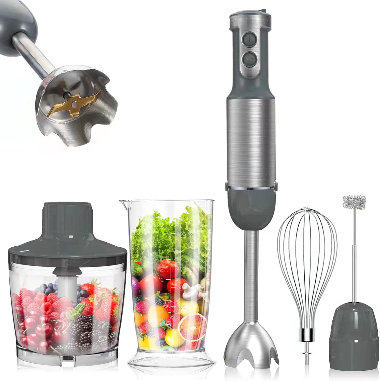 Hand Blender, 5 in 1 Blender, Hand Blender Electric 800W 6-Speed and Turbo Mode, Immersion Blender with 500ml Food Chopper, 600ml Container, Milk Frother, Egg Whisk, for Smoothie Sauces Food Soups