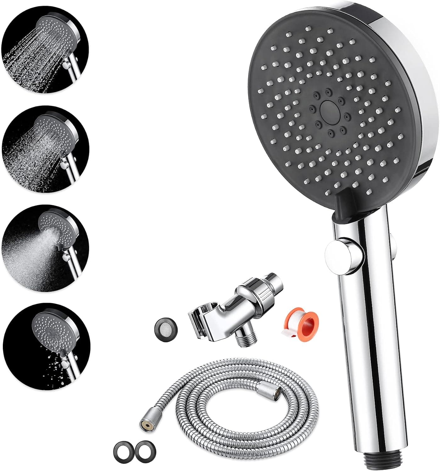 High Pressure Water Saving Shower Head,Pause Setting Shower Heads with Brass Swivel Ball Bracket and Extra Long Stainless Steel Hose, 3 Spray Setting,4.5"Large Panel (Chrome)