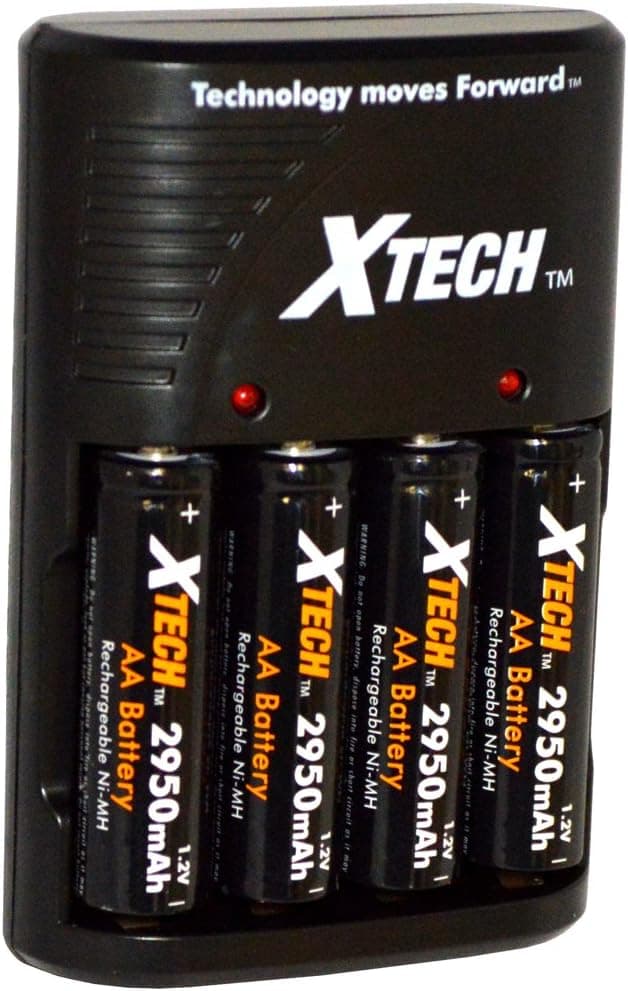 Xtech 4 AA High Capacity 2950mah Rechargeable Batteries with Travel Charger for Neewer NW320, NW-561, NW-565, NW660III, NW670, NW680/TT680, NW-985C, NW910/MK910 & MK900 Speedlight Camera Flashes
