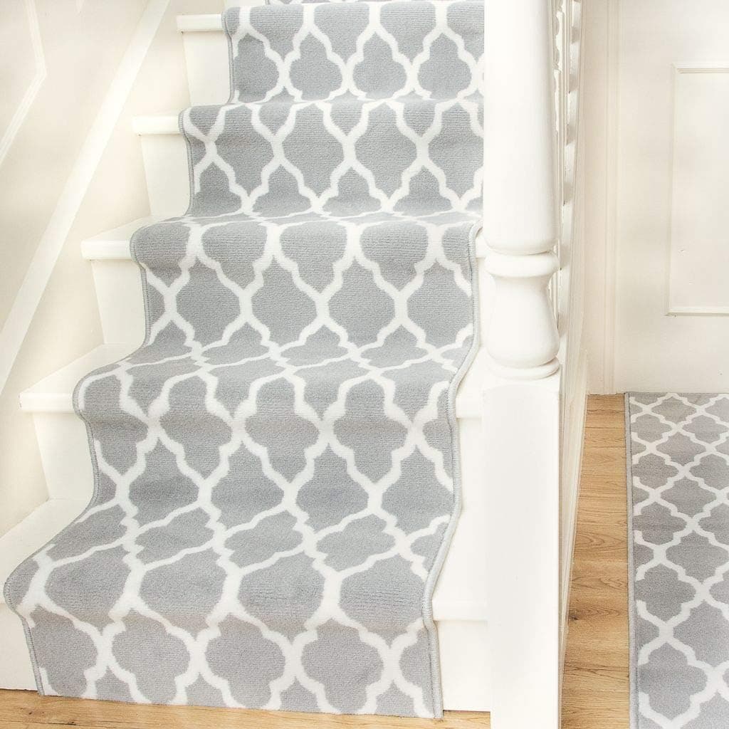 Modern Gray Geometric Trellis Stair Carpet Cream Cheap Durable Stair Runner Rug Custom Length Width - Sold and Priced Per Foot 2' 6" x 26'