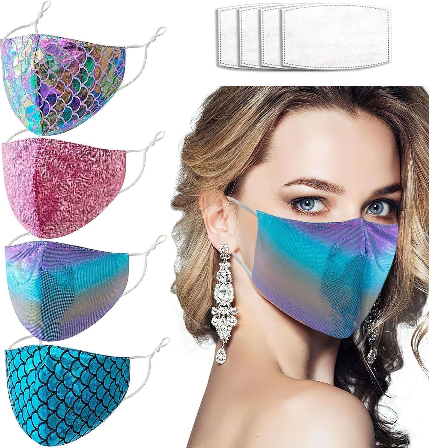 Sparkly Bling Mermaid Masks Holographic Laser Reflective Rainbow Fish Scales Face Coverings with Ear Loops Stylish Fabric Clothes for Women Girls Party Costume Accessories