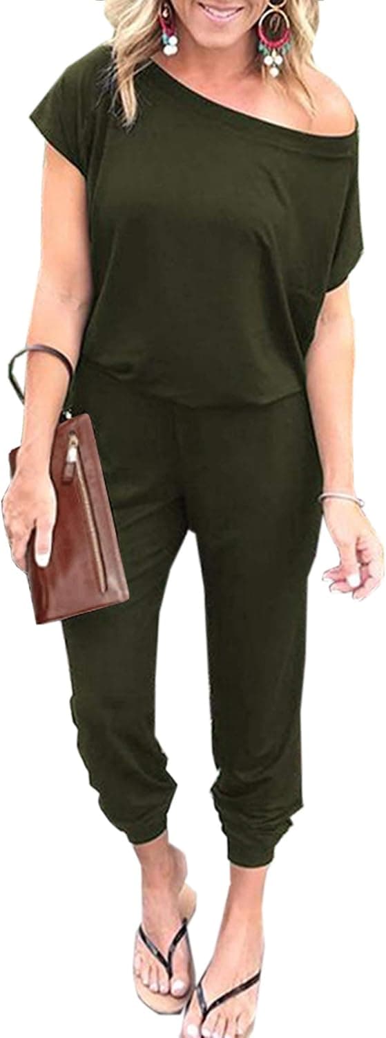 Angashion Women's Jumpsuits - Crewneck One Off Shoulder Short Sleeve Elastic Waist Romper Playsuits Army Green 2XL