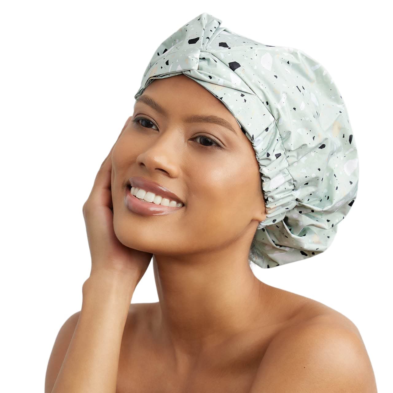 Kitsch Luxury Reusable Shower Cap for Women - Waterproof & Stylish Bonnet for Curly Hair & Long Hair - One Size its Most Shower Caps with Anti Slip Silicon Grip | Hair Cap for Shower (Sage Terrazzo)