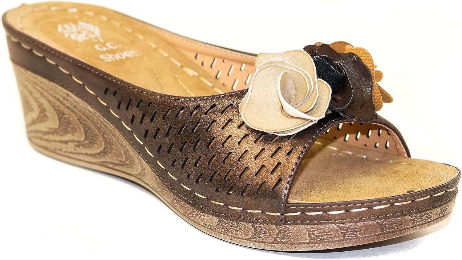 GC Shoes Womens Wedge Sandals, Open Toe Mid Heel Platform, Comfy Vegan Leather Solid Flower Strap Slide Wedges