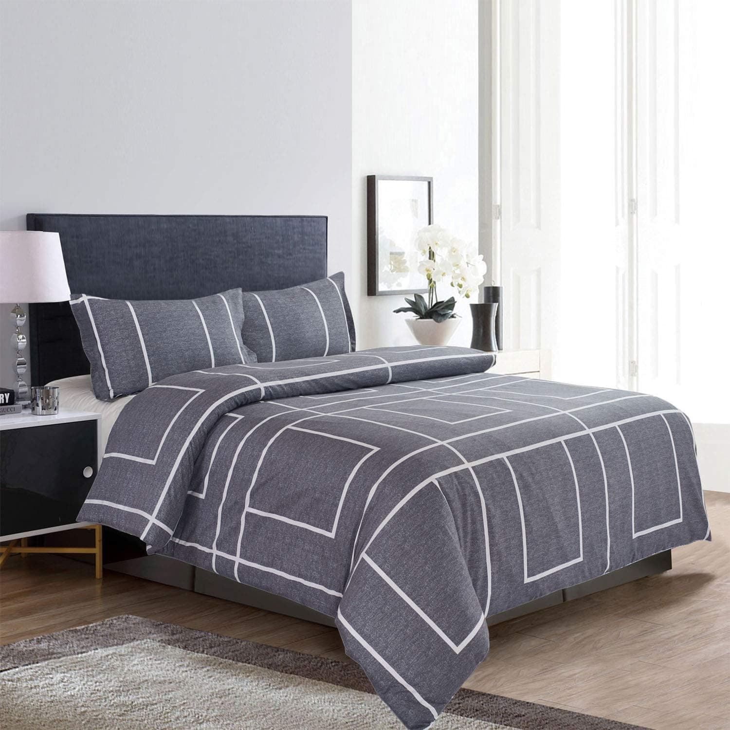 Wake In Cloud - Gray Duvet Cover Set, 100% Cotton Bedding, White Grid Plaid Simple Modern Pattern Printed on Grey, with Zipper Closure (3pcs, King Size)