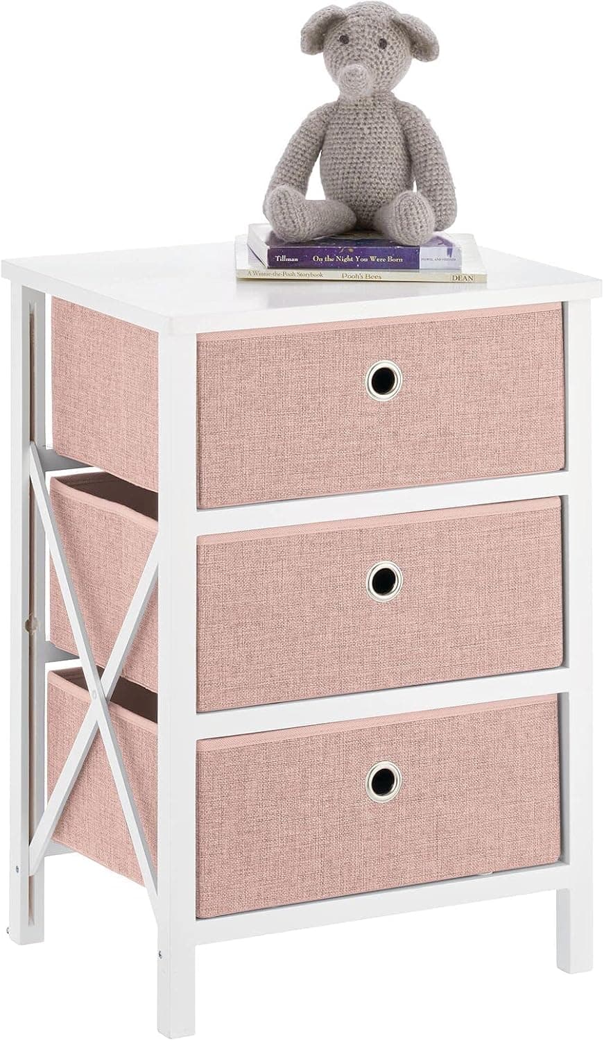 mDesign 3 Drawer Foldable Dresser Storage Unit - Wood Frame, Easy Pull Fabric Bins - Farmhouse Organizer Unit for Household Storage Bedroom, Hallway, Entryway, Closets - Pink/White