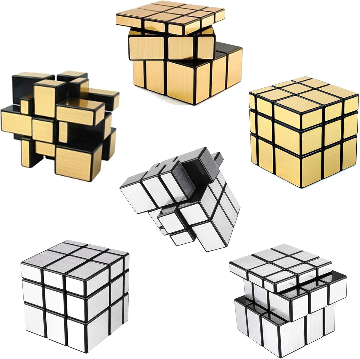 6 Pack Mirror Speed Cubes - Puzzle 3x3x3 Gold and Silver Mirror Magic Cube Bulk Set - Kids Brain Teaser Party Favors