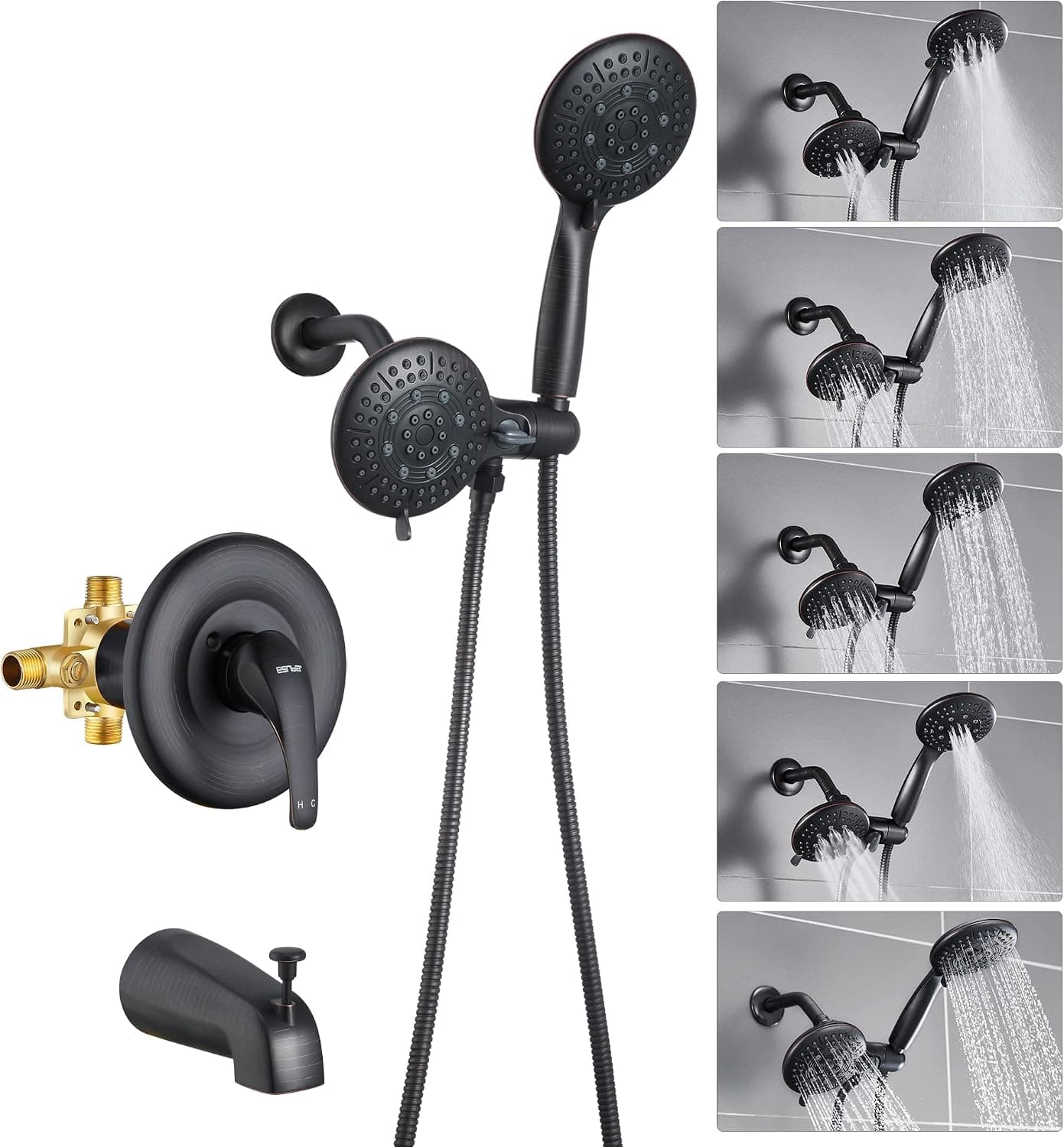 Esnbia Shower System, Wall Mounted Shower Faucet Set for Bathroom with High Pressure Rain Shower head and 5-Setting Handheld Shower Head Set, Bronze