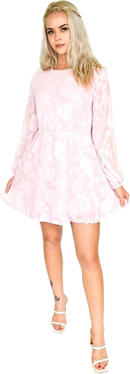 KAJ Women Hook Loop Back Long Sleeve Circle Neck Floral Ruffle Dress Elastic Waist Casual Mini Dress Pink