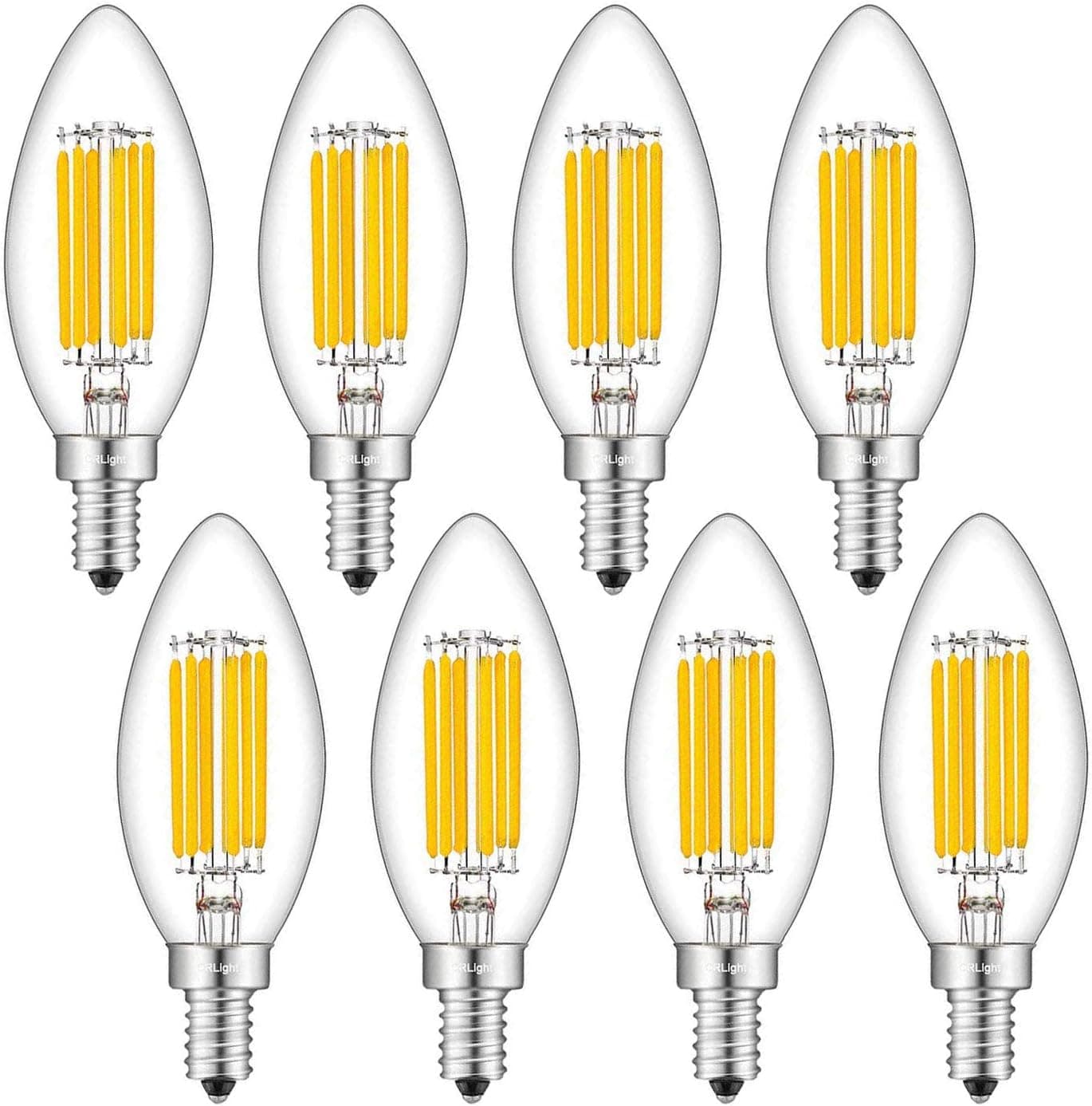 CRLight 6W Dimmable LED Candelabra Bulb 65W Equivalent 700LM, 6 LED Filament Real 6W LED Chandelier Light Bulbs, 2700K Warm White E12 Base, B11 Candle Torpedo Clear Glass Decorative Bulb, 8 Pack
