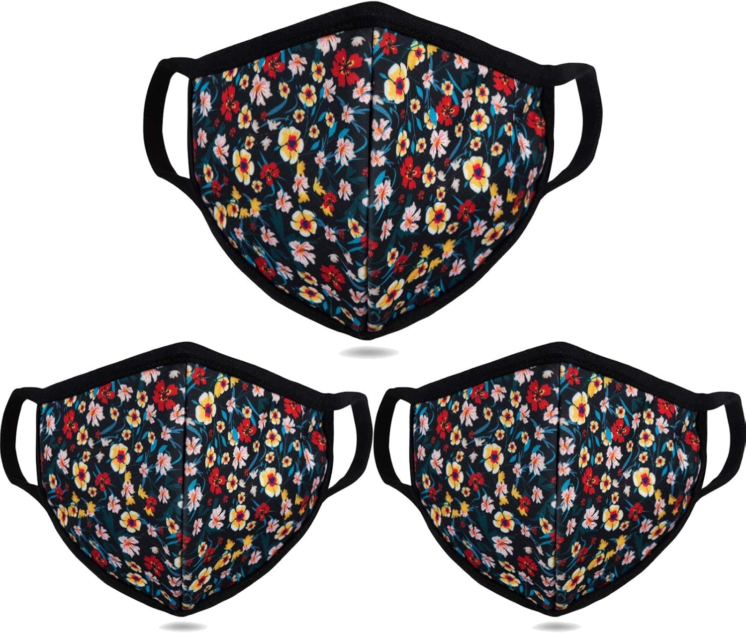 BeatBasic Pack 3 Fashion Black Background - Inner White Cotton - Floral Reusable Face Masks for Cycling Camping Travel - Women Men