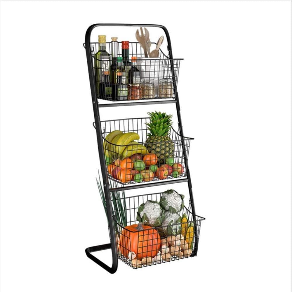 BKS 3-tier Metal Wire Food Organizer Tower Storage Bin, Market Basket Stand, Kitchen Fruit Storage Basket for Kitchen, Bathroom Towel Basket Display Rack, Black