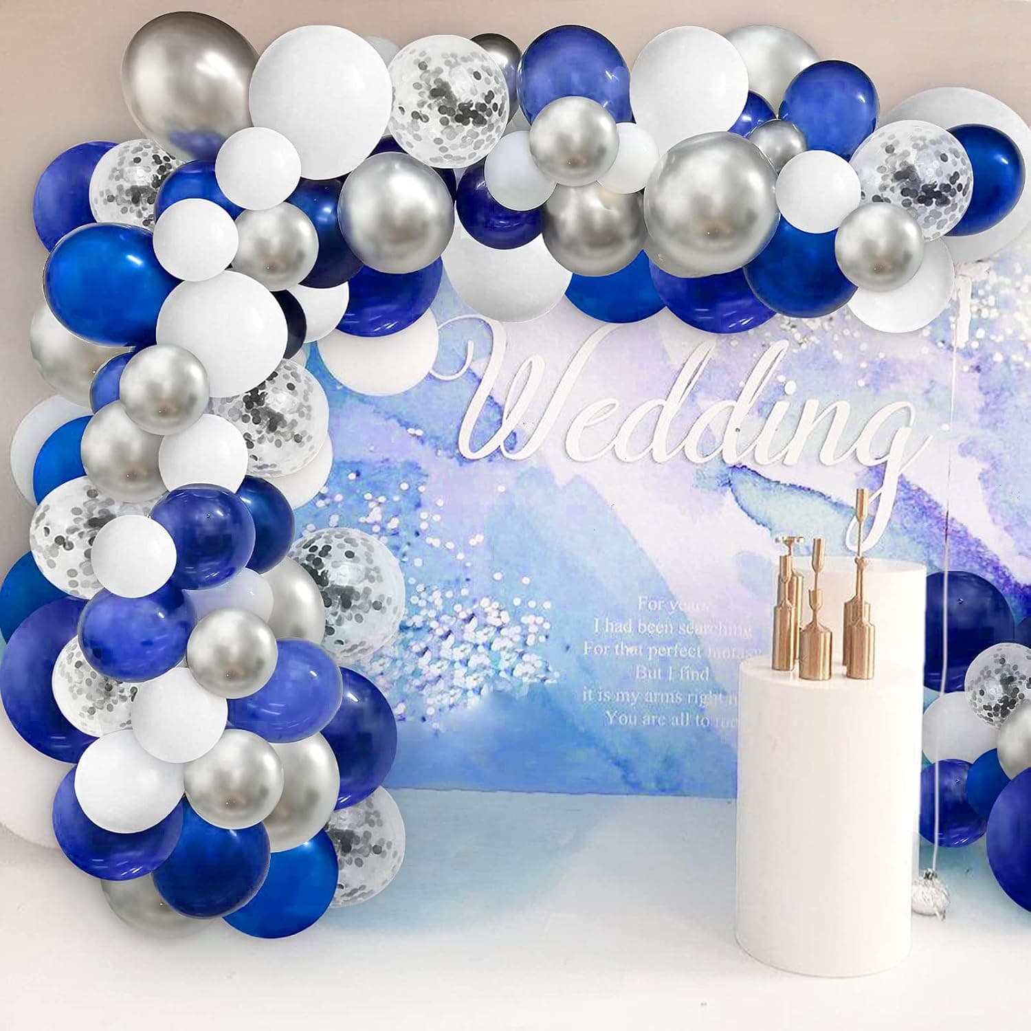 Silver Navy Blue Balloon Arch Kit, 124pcs Navy Blue Silver White Confetti Balloons Garland and LED String Light for Wedding Graduation Baby Shower Anniversary Bachelorette Birthday Party Decorations
