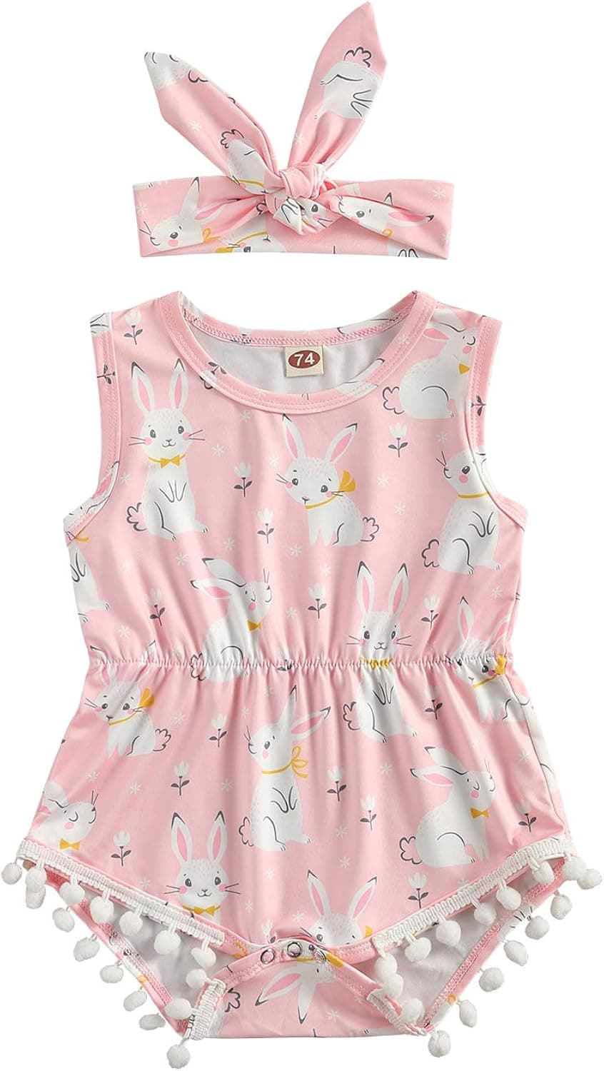SHHA Baby Girl Easter Outfits Bunny Sleeveless Bodysuit Tassel Romper with Headband My First Easter Clothes
