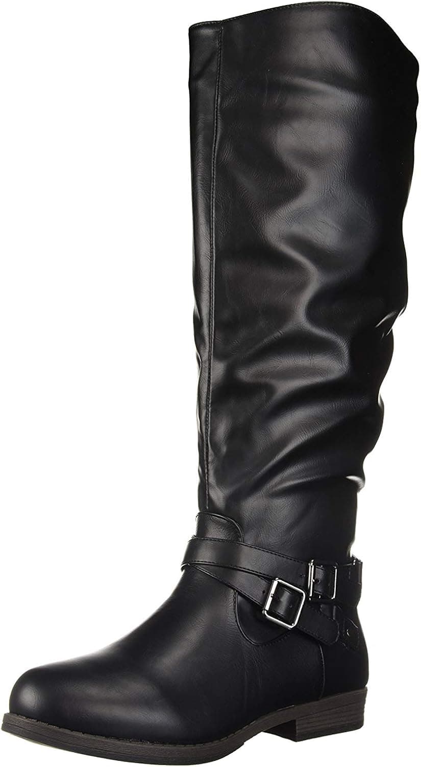 Brinley Co. Womens Regular and Wide-Calf Buckle Knee-High Ankle-Strap Riding Boot