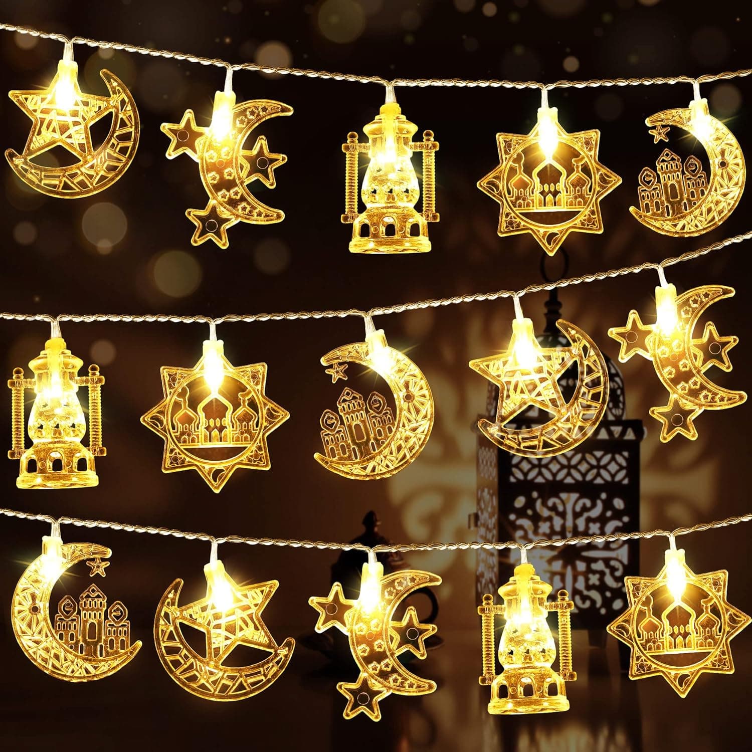 Hiboom 16 ft Moon Star Ramadan String Lights 30 LEDs, Battery Operated Eid Mubarak Fairy Lights for Ramadan Decoration, Eid Decorative Lights with Remote Control (Warm White)