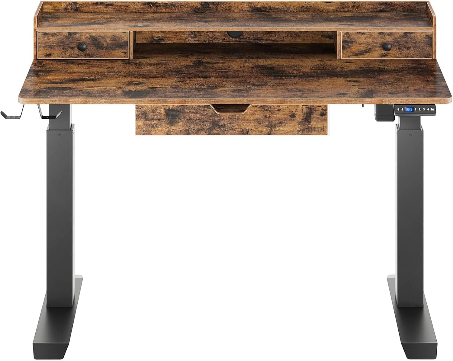 Rolanstar Height Adjustable Desk, 47" Standing Desk with Drawers and Monitor Shelf, Electric Standing Table with Double Headphone Hooks, Rustic Brown