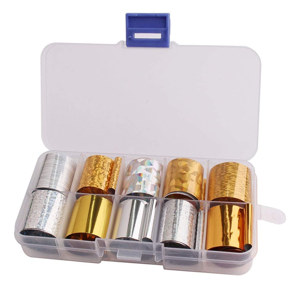 WOKOTO 10 Rolls Gold And Sliver Foil Nail Art Adhesive Stickers Starry Sky Laser Nail Transfer Wraps Decals Manicure Decoration (0.98inchs*39.4inchs)