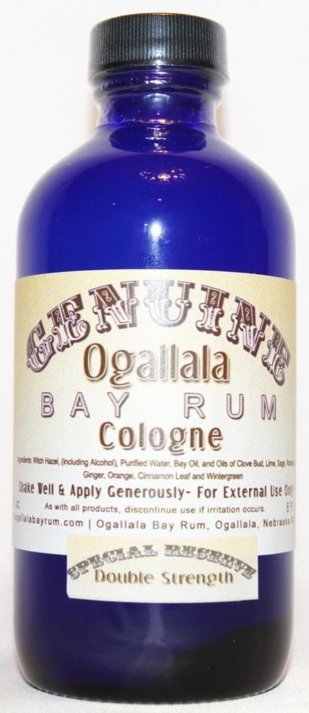 8 oz Genuine Ogallala Bay Rum Cologne – Special Reserve Double Strength Cologne Comes in a Cobalt Blue Bottle.
