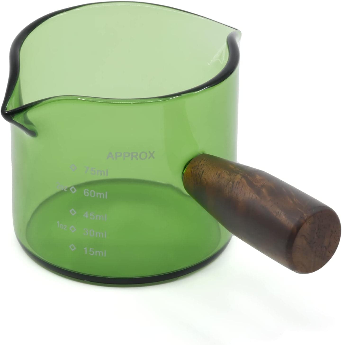 WALNUT COFFEE 75ml Colored Espresso Shot Glass Double Spouts with Walnut Handle, Measuring Triple Pitcher Milk Cup with 2 Spouts, Coffee Measuring Cup Glass with Walnut Handle for Barista (Green)