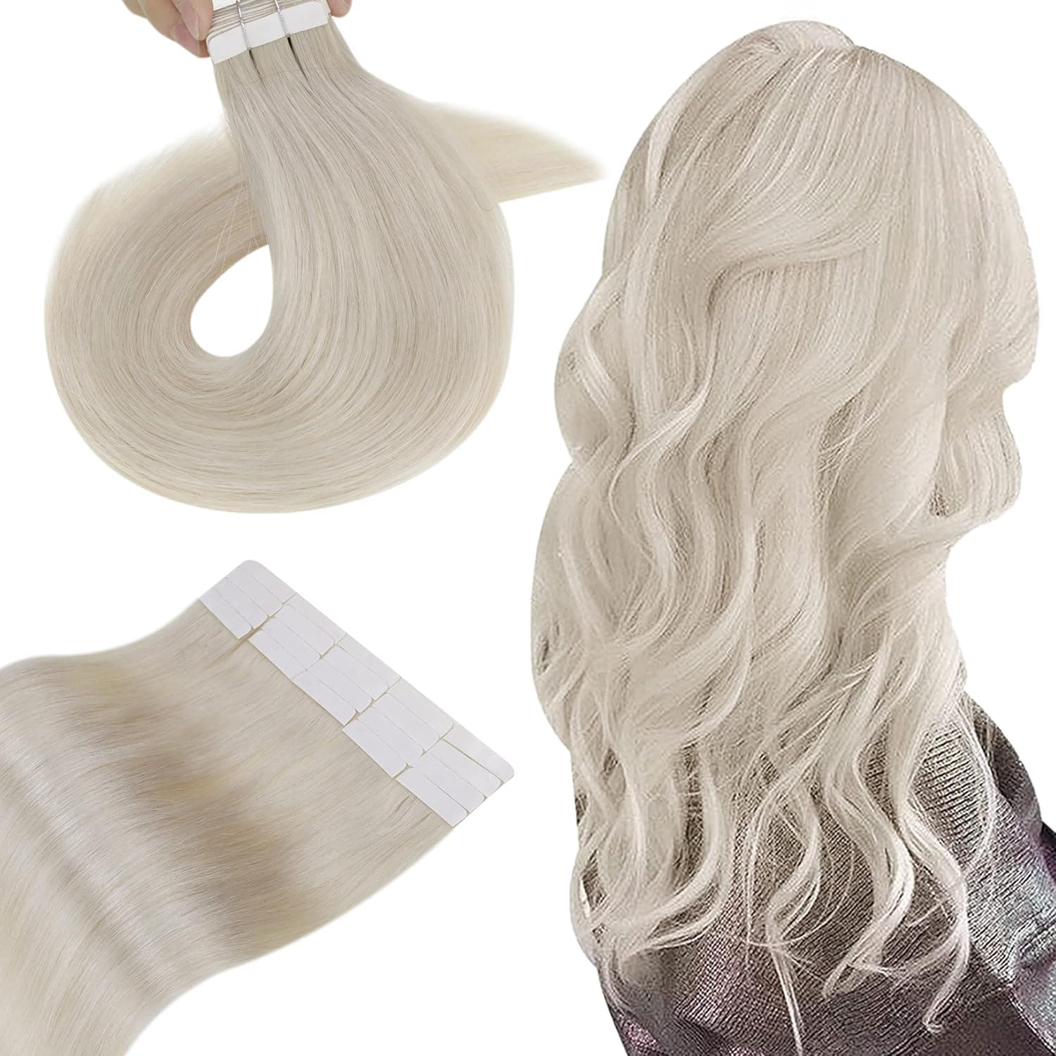 Hetto Tape in Hair Extensions Blonde Tape in Human Hair Extensions 18 Inch Pure Blonde Straight Tape on Hair Extension #60 Platinum Blonde 20Pcs 50g Skin Weft Tape