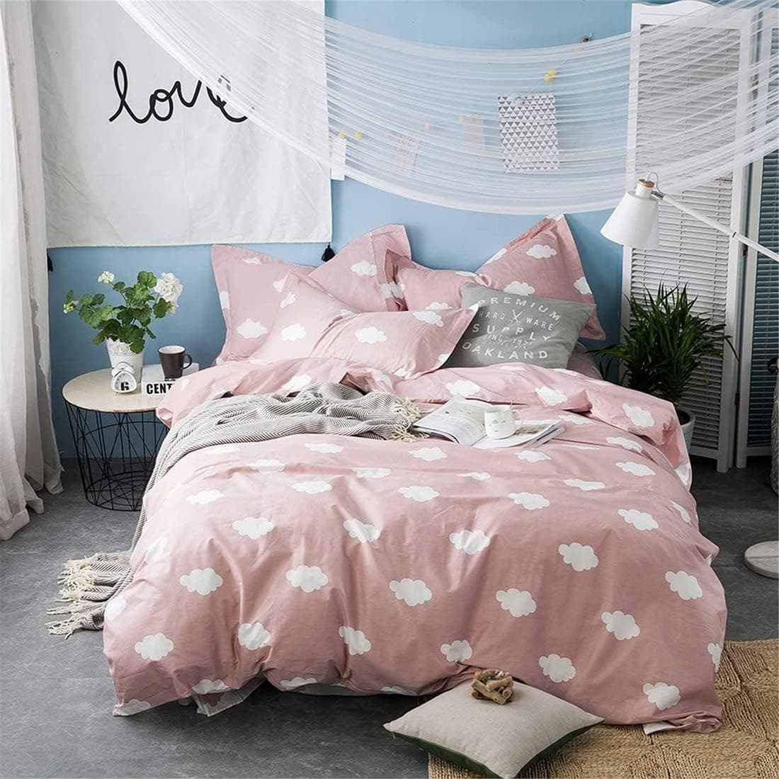 BuLuTu Cloud Print Kids Duvet Cover Twin Pink White Microfiber for Girls,Stylish Super Soft Premium Cute Modern Reversible Pink Teen Bedding Sets Twin Comforter Cover with Zipper Closure,No Comforter