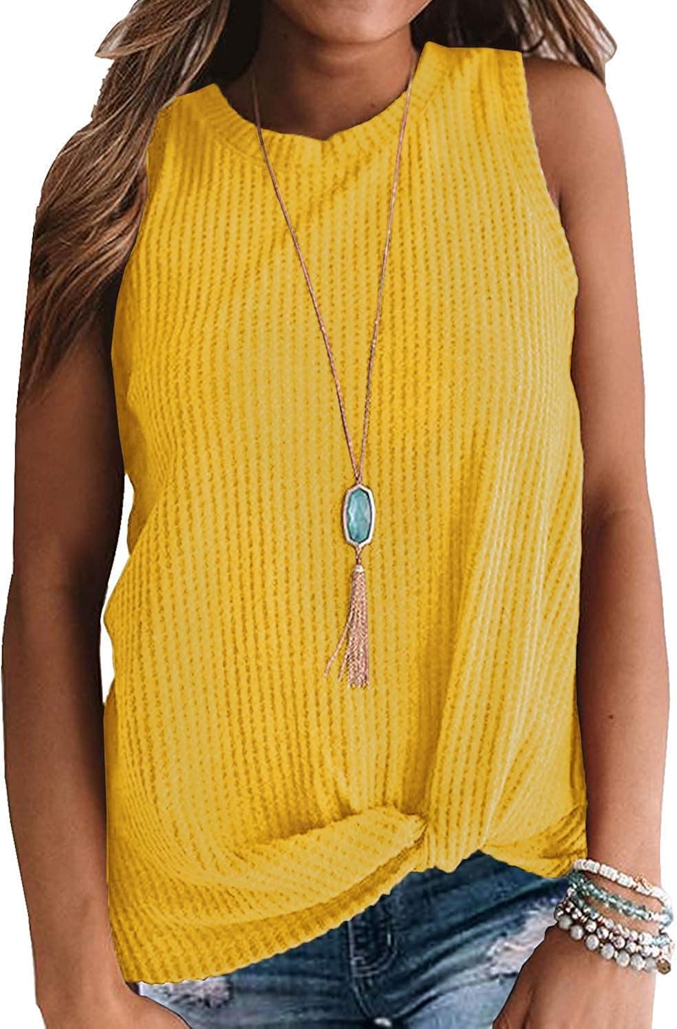 SAMPEEL Women's Flowy Waffle Knit Tank Top Summer Sleeveless Twist Knot Shirts Yellow L