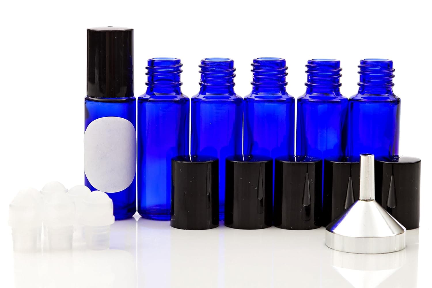 Oil Roll On Bottles for Essential Oils Set of 6 Cobalt Blue Glass Bottles 5 ml, Black Caps, Roller Balls, Metal Funnel, Labels and Carrying Case
