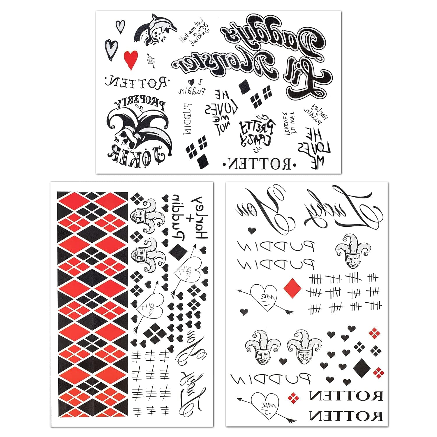 3 Sheets Harley Quinn Tattoos, Realistic & Last Long Halloween Fake HQ Temporary Tattoo Sticker for Women - All Versions - Perfect for Halloween Cosplay Costume Party Makeup Accessories