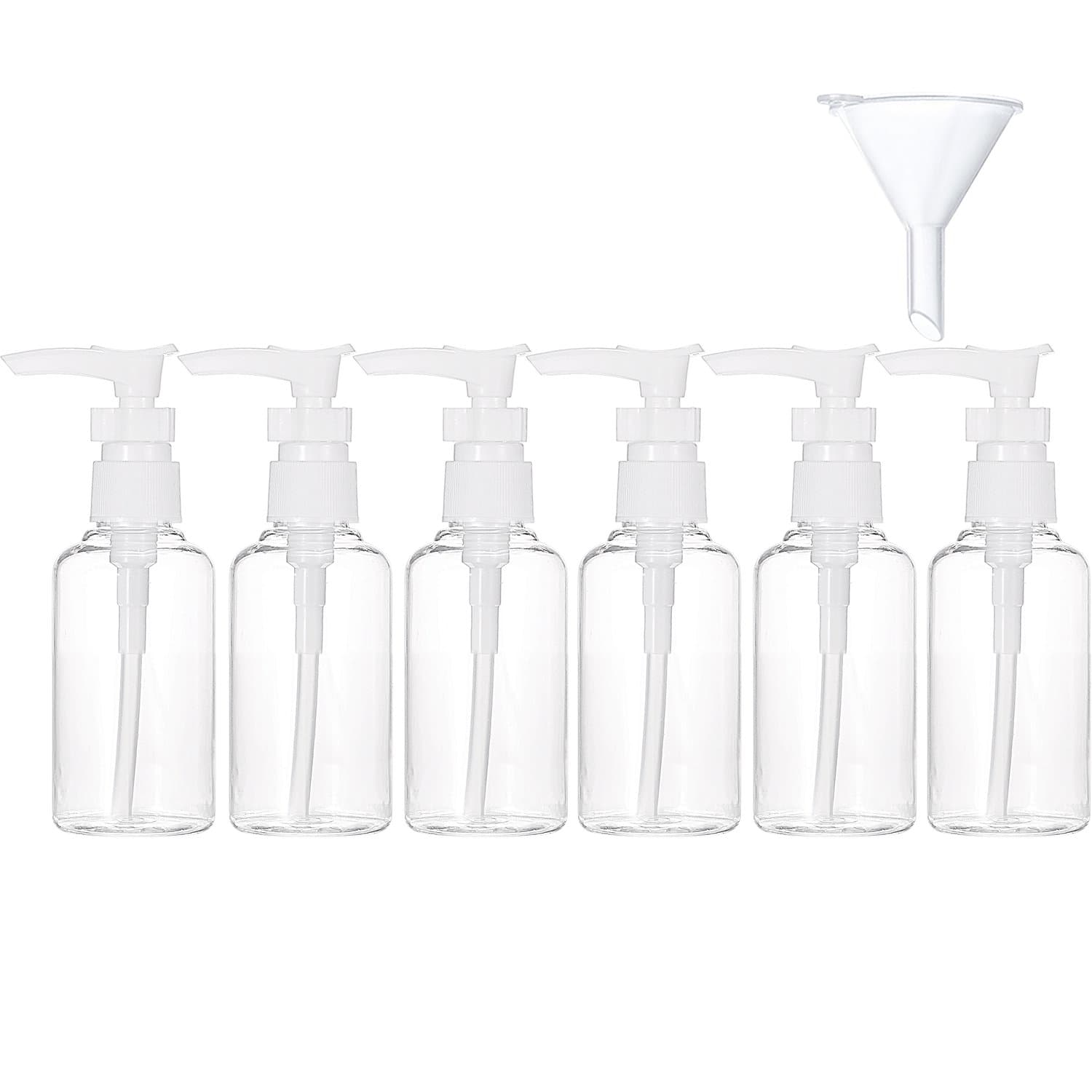 6 Pack Small Pump Bottles Clear Travel Bottle Plastic Empty Spray Bottle Dispenser Hand Lotion Sanitizer Refillable Bottle Set with Small Funnel for Flight, Airport, Holiday