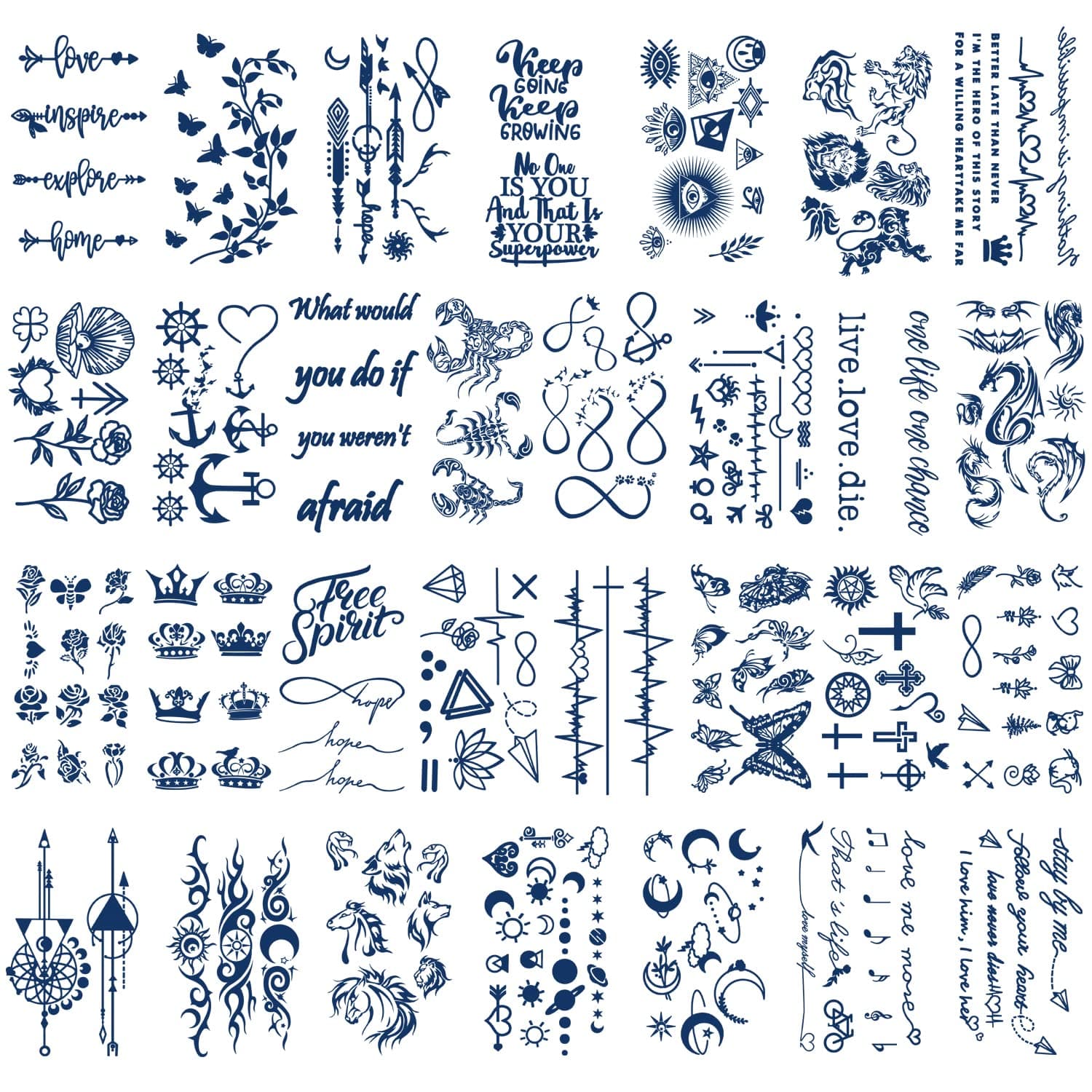 30 Sheets Semi-Permanent Tattoos for Women Girls Kids Realistic Waterproof Temporary Tattoos Crown Floral Rose Dark Blue Fake Tattoos, Lasting 1-2weeks Tiny Tattoo Stickers (Flower)
