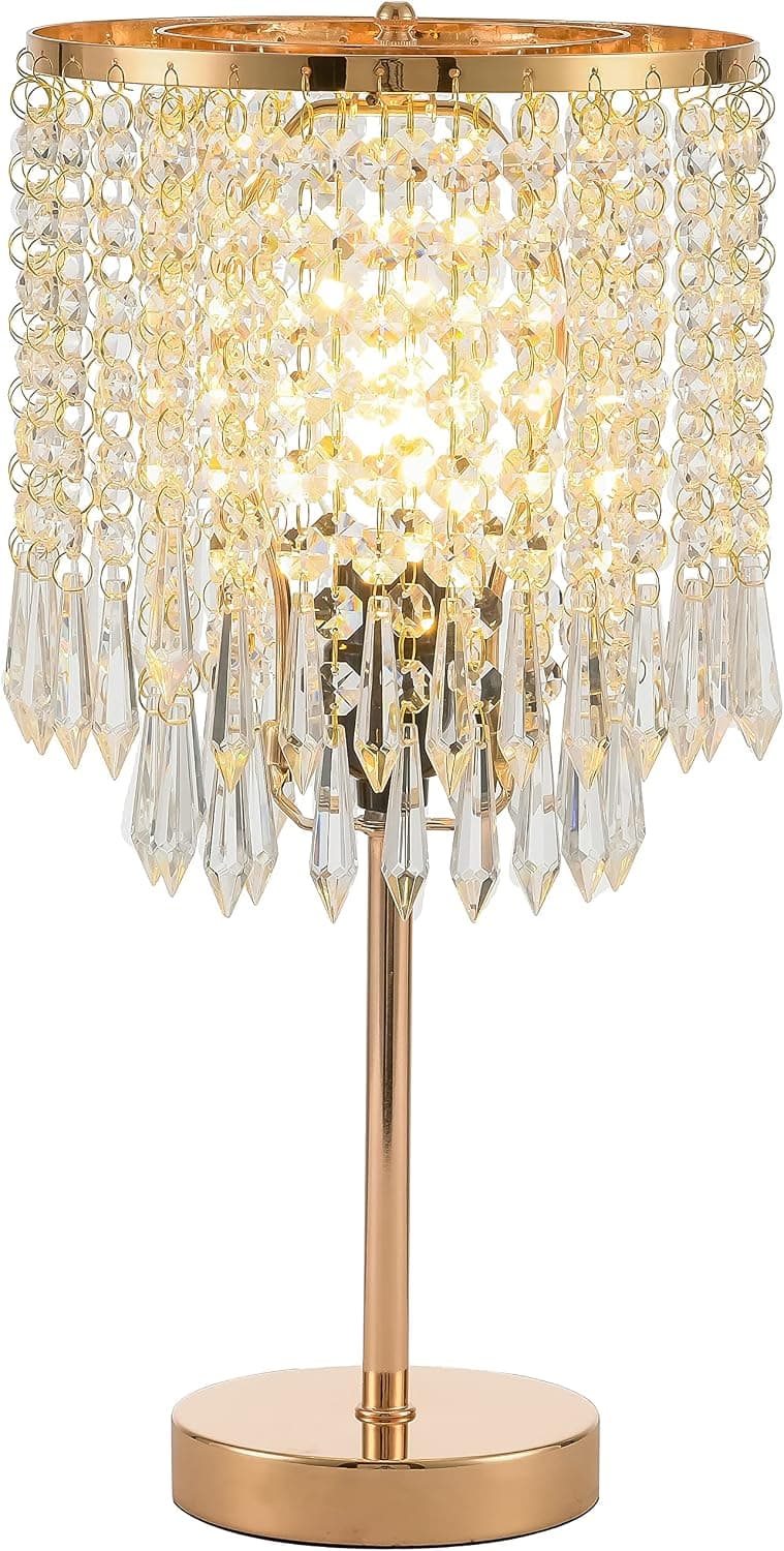 Qbaylan Modern Glam Nightstand Lamps Bedside End Gold Crystal Table Lamp, 15.7" Tall Round Decorative Accent Desk Lamp Night Lighting for Living Room Bedroom Dining Coffee