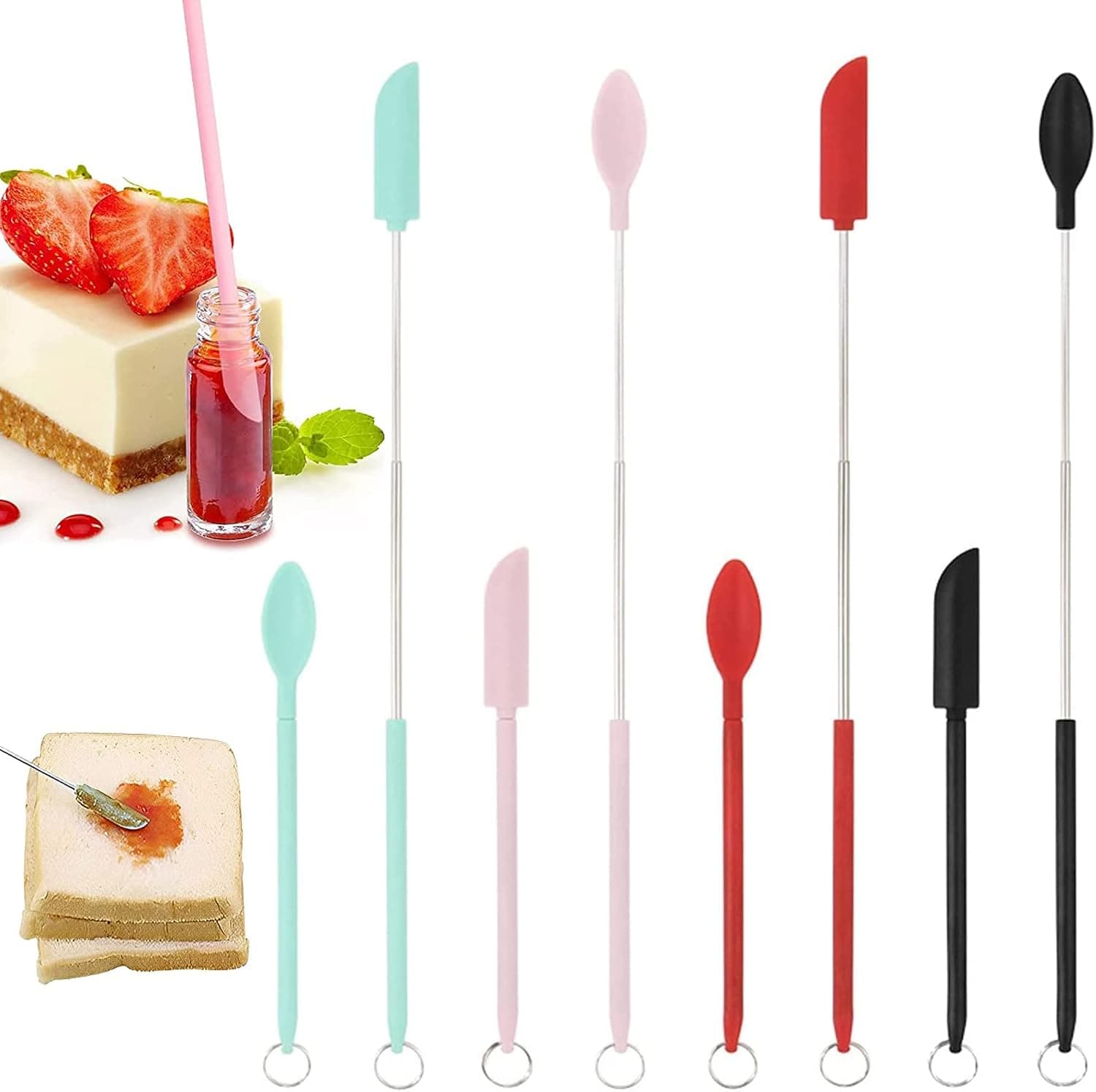 8 pcs Buddeez Mini Silicone Telescopic Shovel and Spoon, Reusable Silicone Spatula, Upgraded Version of Heat-Resistant Mini Silicone Telescopic Shovel with Buckle, Kitchen Cooking， Kitchen Gadgets