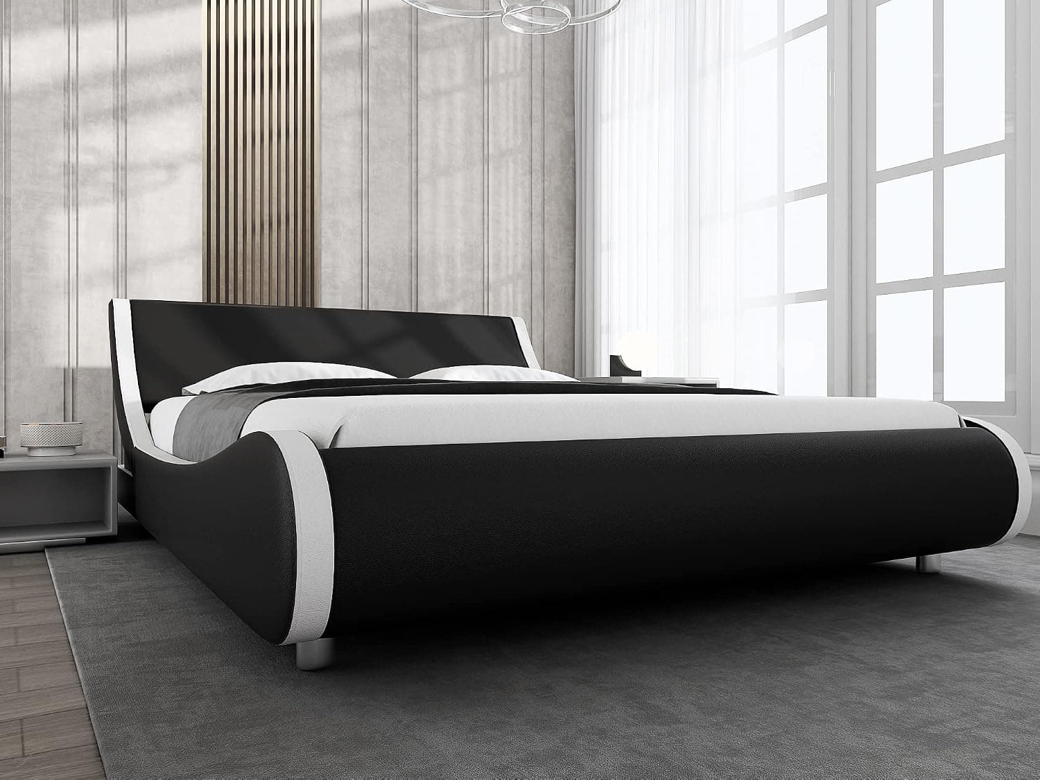 Allewie Upholstered King Size Platform Bed Frame Modern Low Profile Sleigh Bed with Faux Leather Ergonomic Headboard, Wood Slat Support, Easy Assembly, No Box Spring Needed, Black and White