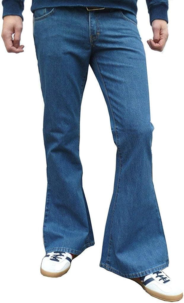 Mens Stonewash Blue Denim Bell Bottom Mod Retro Flares Jeans