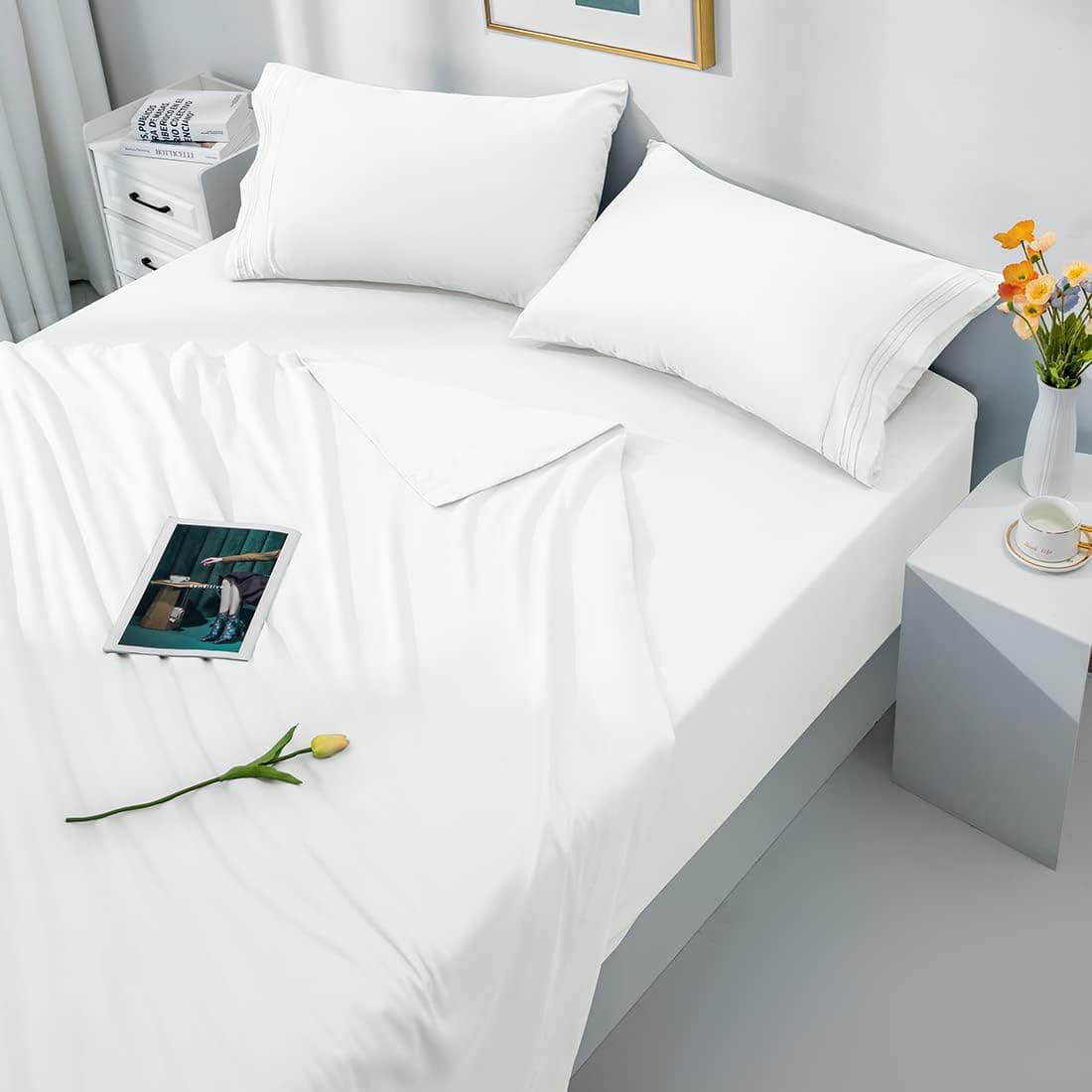 LBRO2M Bed Sheet Set Queen Size 16 Inches Deep Pocket 1800 Thread Count 100% Microfiber Sheet,Bedding Super Soft Comfortable,Wrinkle Cool Warm,4 Piece（White）