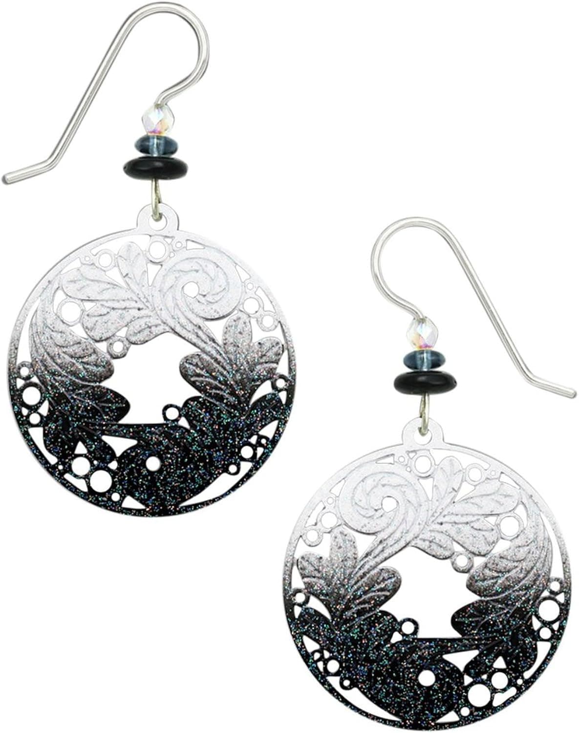 Adajio Thin Lightweight Hand Painted Glittering Black and White Etched Round Beaded Dangle Earrings
