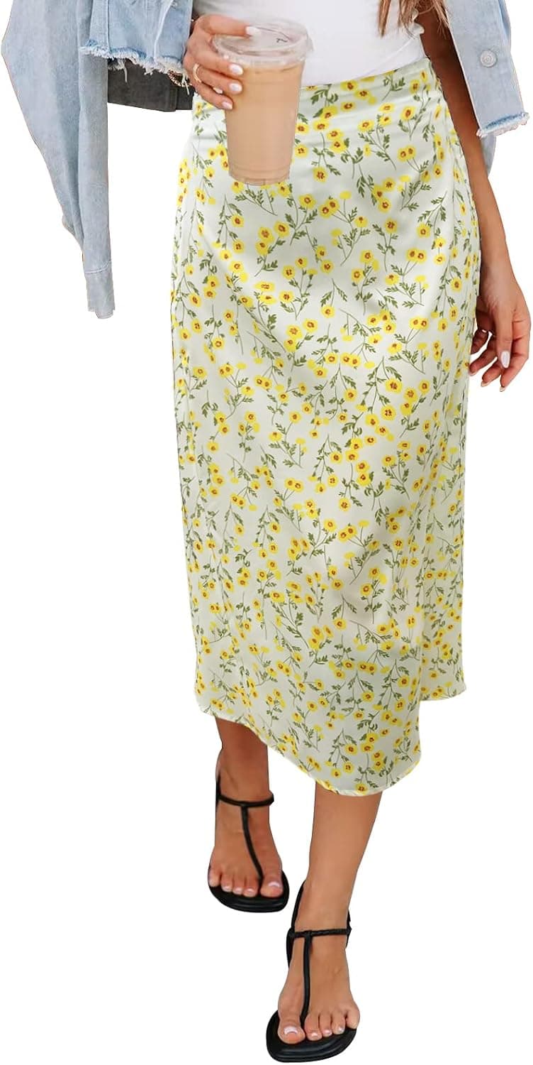 HERBATOMIA Women’s Floral Print Midi Skirt Casual High Elastic Waist Zipper Vintage Long Boho Skirts for Women