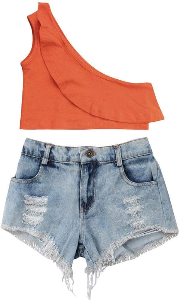 Zoiuytrg 2PCS Toddler Baby Girl Summer Outfit One Shoulder T-Shirt Tops+Frayed Hem Ripped Denim Shorts Clothes Set