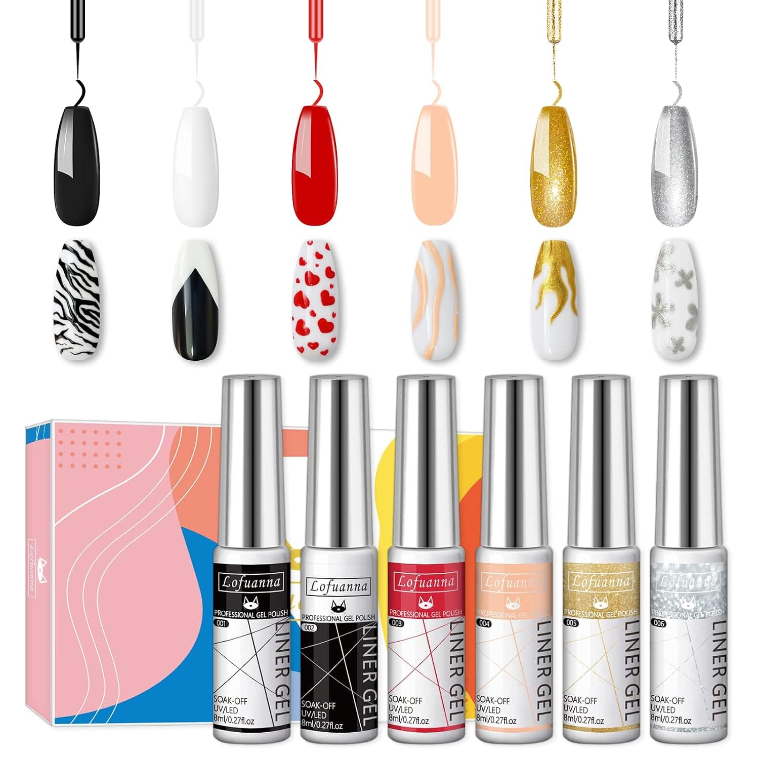 Lofuanna Nail Liner Gel Polish Set Nail Art Gel Polish, 6 Colors White Black Red Glitter Painting Drawing Gel Kit Built Thin Nail Art Brush in Bottle Gel Pens Soak off DIY for Home Salon