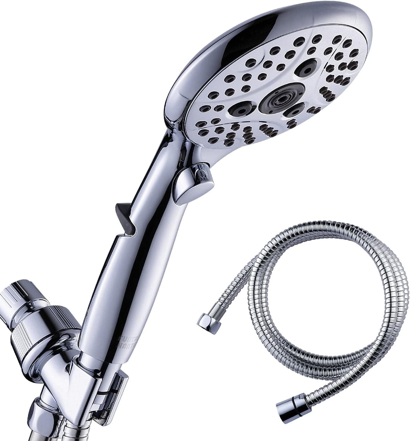 High Pressure 6 Settings Handheld Showerhead with Hose&Shut Off, One Click Switch Spray Settings,Flow Control ON OFF Switch, Hand held shower head with hose & bracket Chrome