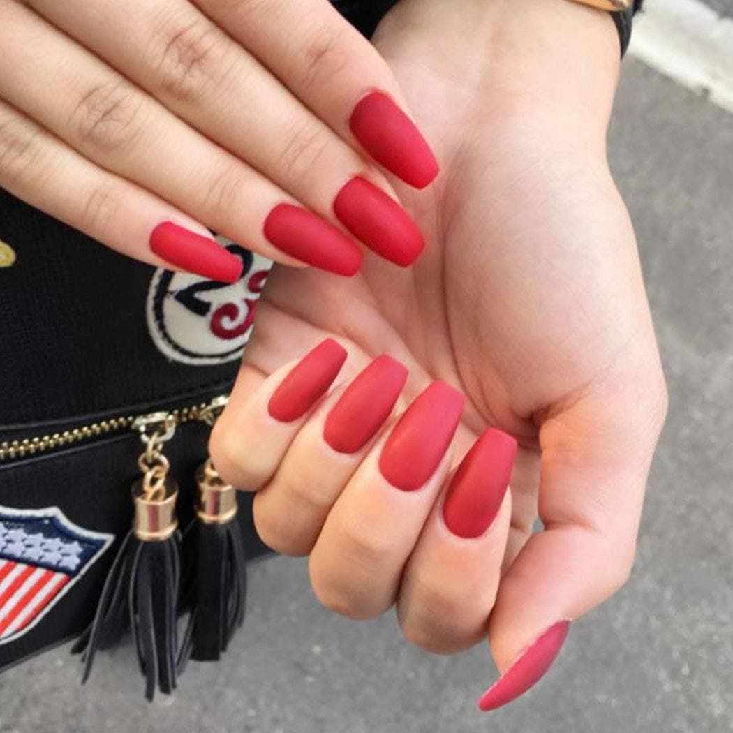 Gorais Coffin Press on Nails Red Matte Fake Nails Ballerina False Nails Full Cover Nails for Women and Girls(24 Pcs) (D red)